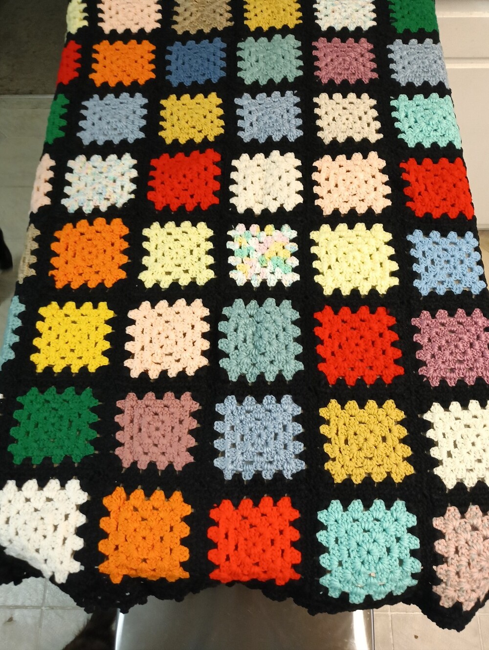 Like New Vintage Handmade Black Multicolor Granny Square Crotchet Afghan